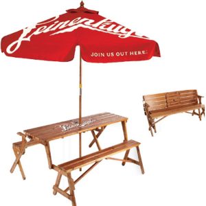 Every umbrella needs a great table. There is no better way to enjoy a summer barbecue. This table folds and transforms into a wood bench!