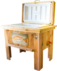 Boost your brand's summer swag with this handcrafted cedar cooler, complete with stainless steel bottle opener.