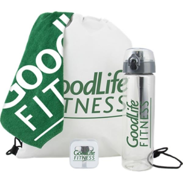 Fitness Kit. With this fitness kit you can start promoting health and fitness at home, at work, and on-the-go.Perfect giveaway for outdoor festivals, health, and fitness events, it has all the gym essentials you need packed into one. Kit includes: DSBP - drawstring backpack, 1518HC - hemmed color towel, EARBUDDY - earbuds in a case, TREKSPORT25 - 25 oz bottle with trekker lid. One color imprint.